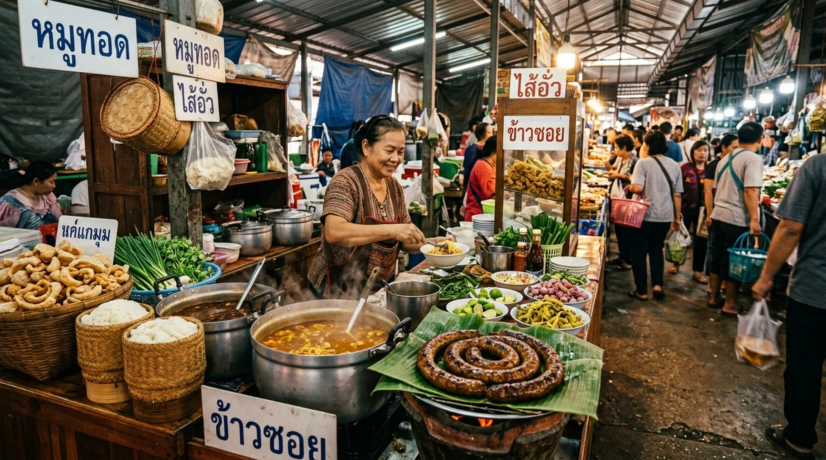 บรรยากาศกาดหลวงเชียงราย (ตลาดสดเทศบาล 1) ยามเช้า แผงขายไส้อั่ว ข้าวซอย และอาหารพื้นเมือง