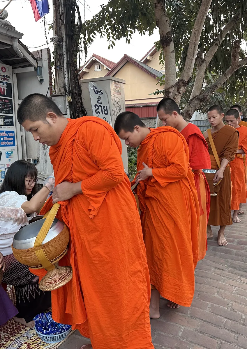 หลวงพระบางในหนึ่งวัน จากใส่บาตรยามเช้าถึงถนนคนเดินที่ทำให้เมืองมรดกโลกยังมีชีวิต ภาพหน้าบทความ พิธีตักบาตรข้าวเหนียว