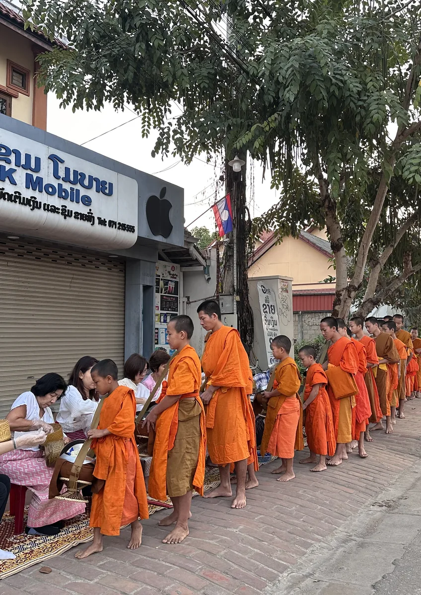 หลวงพระบางในหนึ่งวัน จากใส่บาตรยามเช้าถึงถนนคนเดินที่ทำให้เมืองมรดกโลกยังมีชีวิต ภาพหน้าบทความ พิธีตักบาตรข้าวเหนียว